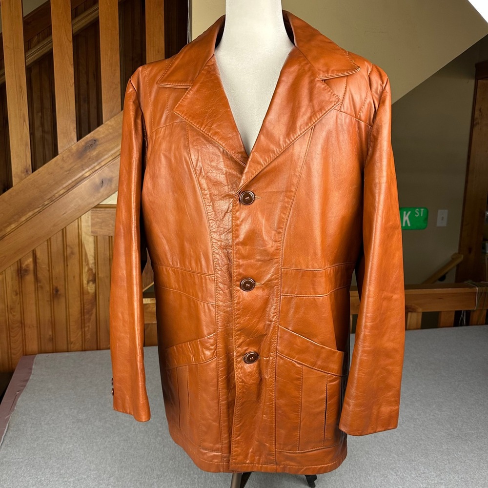 Vintage Sears The Leather Shop Mens 42‎ Brown Leather Car Coat Removable Liner